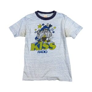 Vtg 70s KISS Radio Wizard Ringer T-Shirt Mens M (fits XS) Blue Healthknit USA